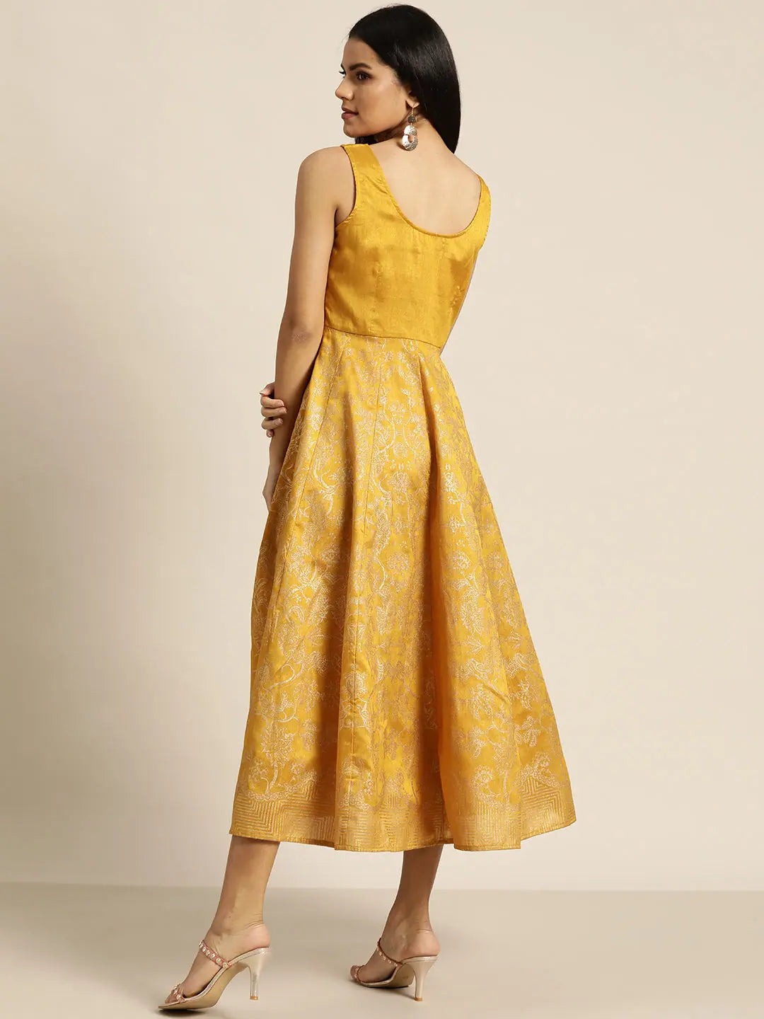 Mustard Foil Print Sleeveless Anarkali Dress | Anarkali Kurti
