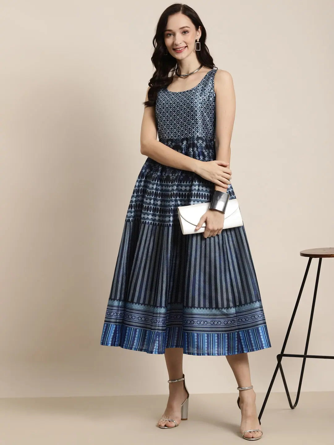 Indigo Floral Geo Print Anarkali Maxi | Anarkali Suits for Women