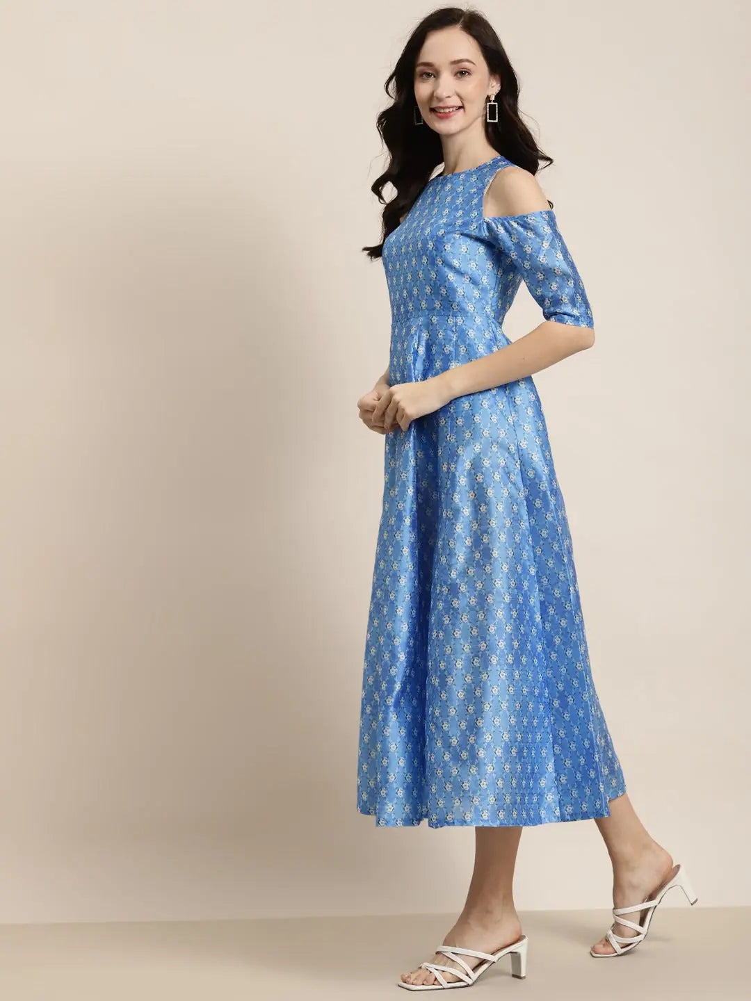 Blue Floral Cold Shoulder Anarkali Gown | Anarkali Kurti