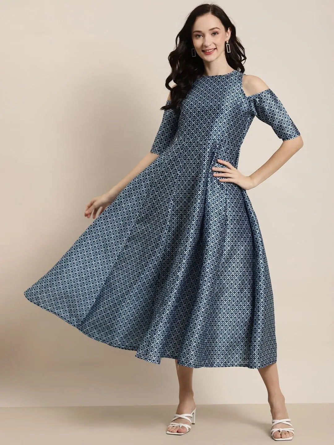 Indigo Floral Anarkali Kurti: Cold Shoulder Maxi Dress