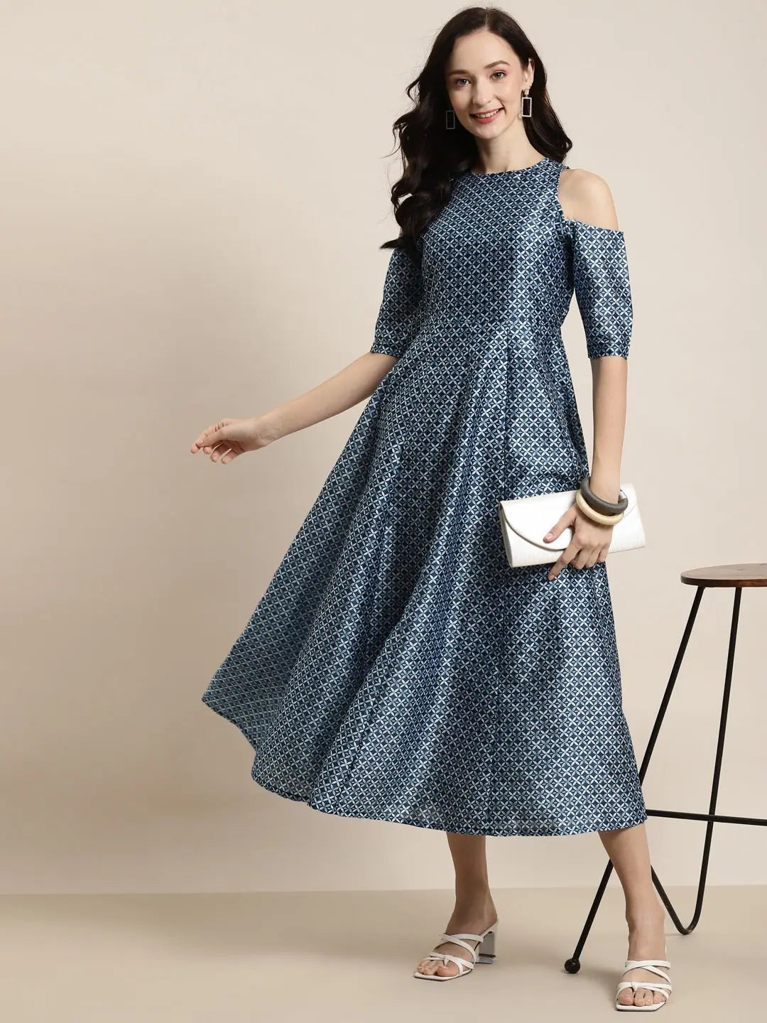 Indigo Floral Anarkali Kurti: Cold Shoulder Maxi Dress