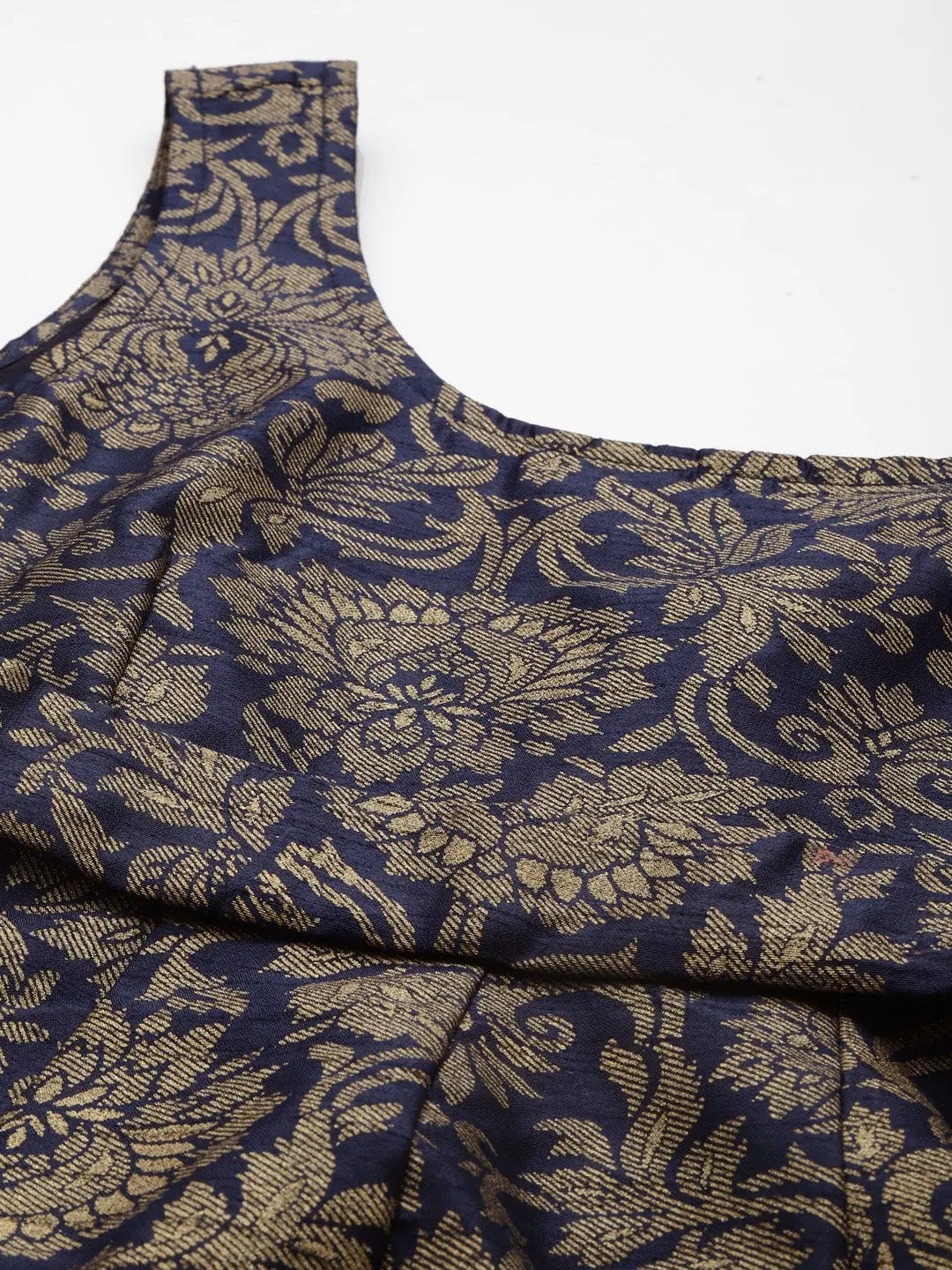 Navy Floral Anarkali Kurti: Jacquard Self-Belt Maxi