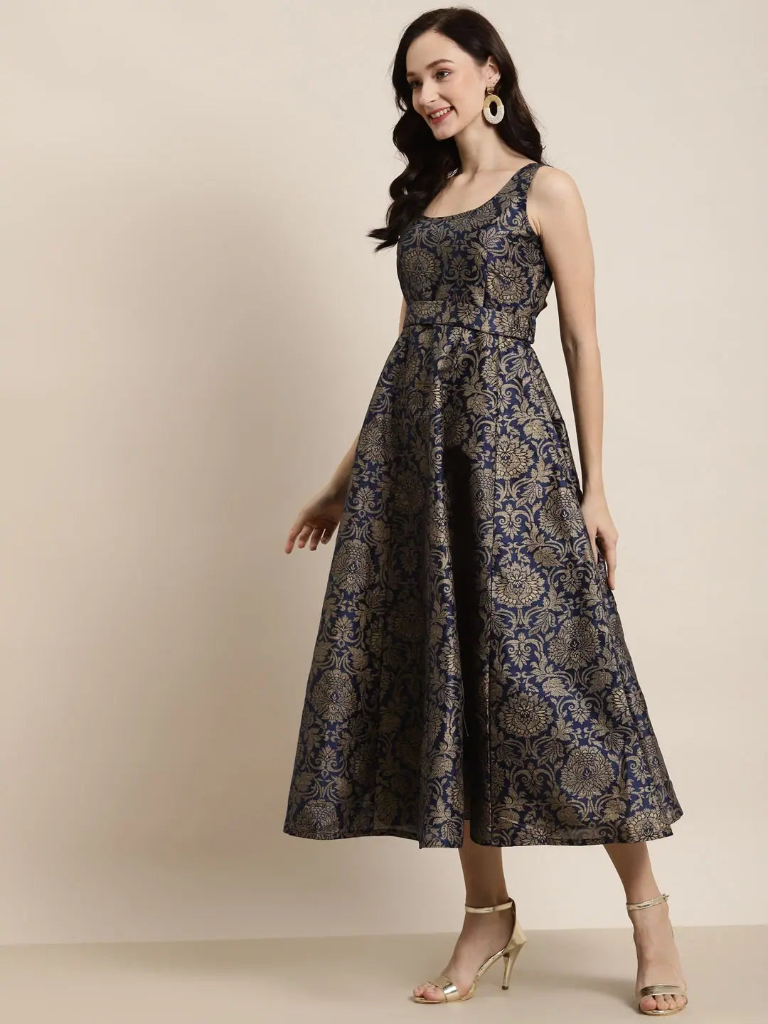 Navy Floral Anarkali Kurti: Jacquard Self-Belt Maxi