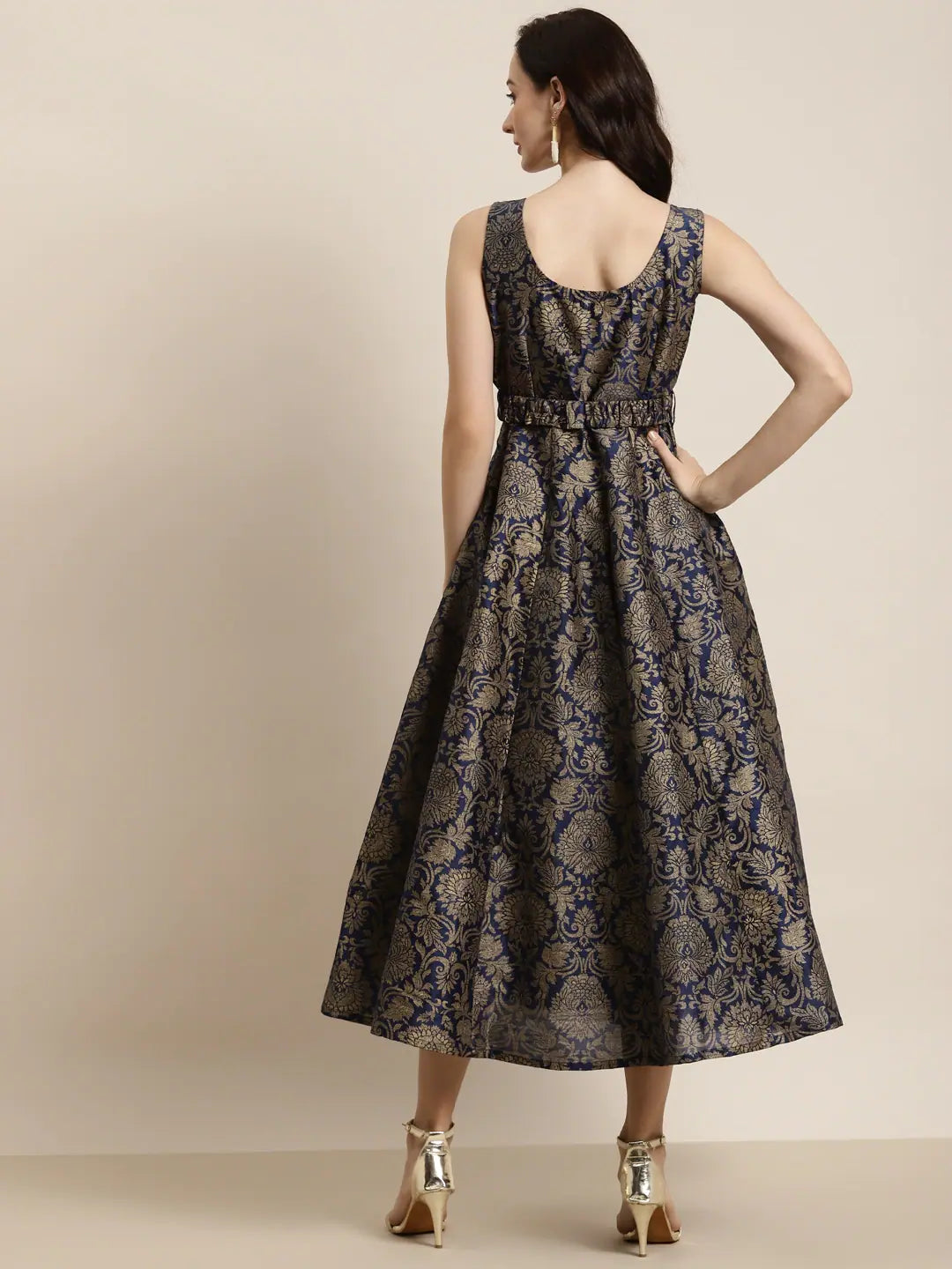 Navy Floral Anarkali Kurti: Jacquard Self-Belt Maxi