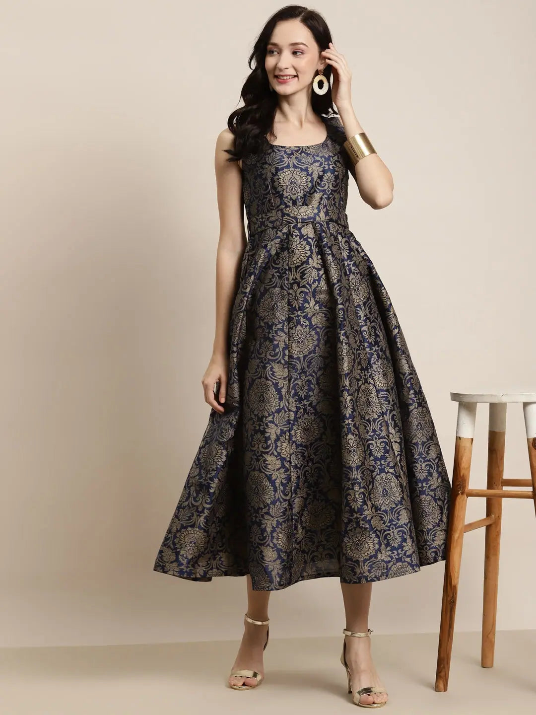 Navy Floral Anarkali Kurti: Jacquard Self-Belt Maxi