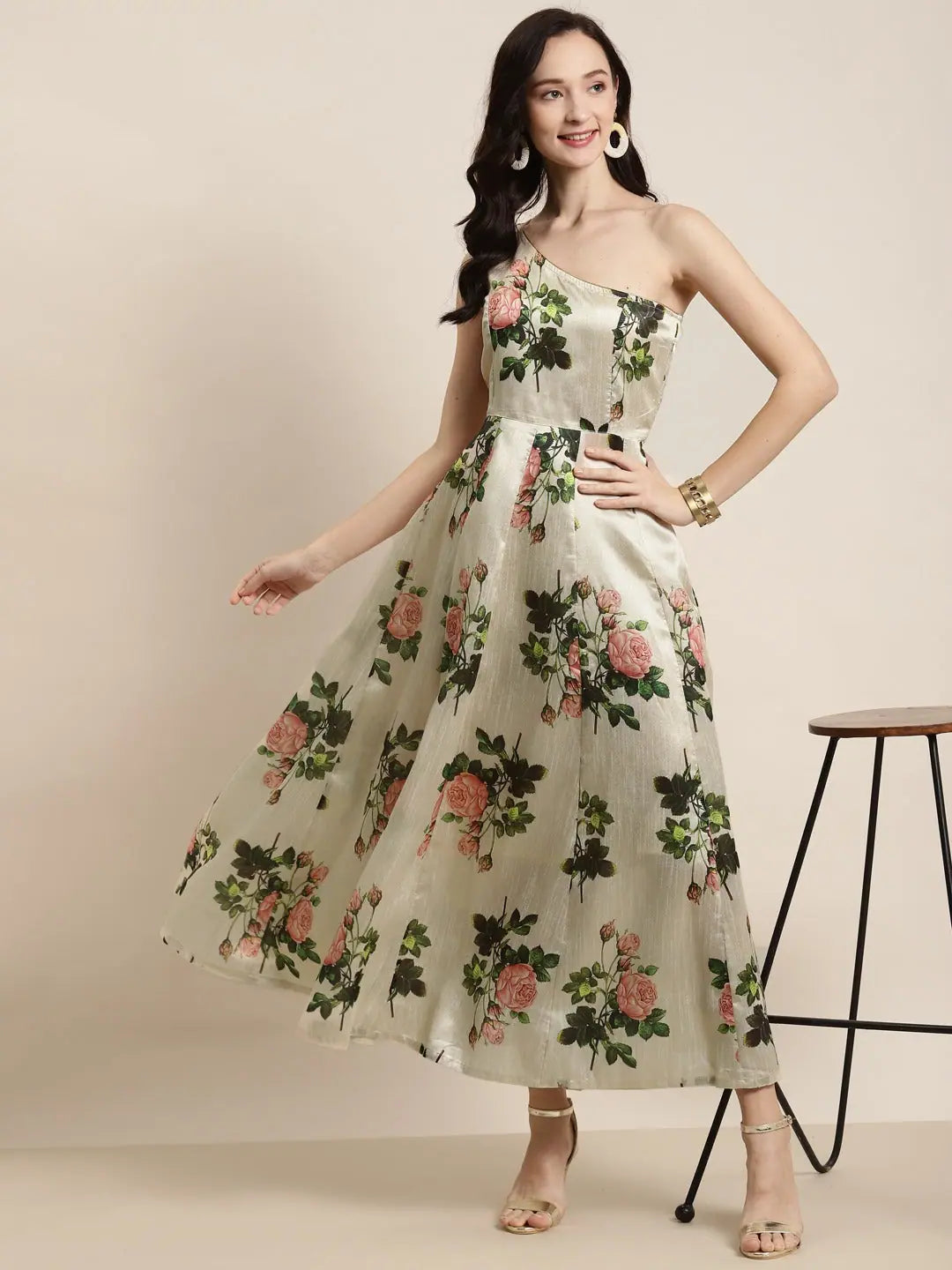 Beige Floral Anarkali Gown: One Shoulder Maxi Dress Beige Floral Anarkali Gown: One Shoulder Maxi Dress