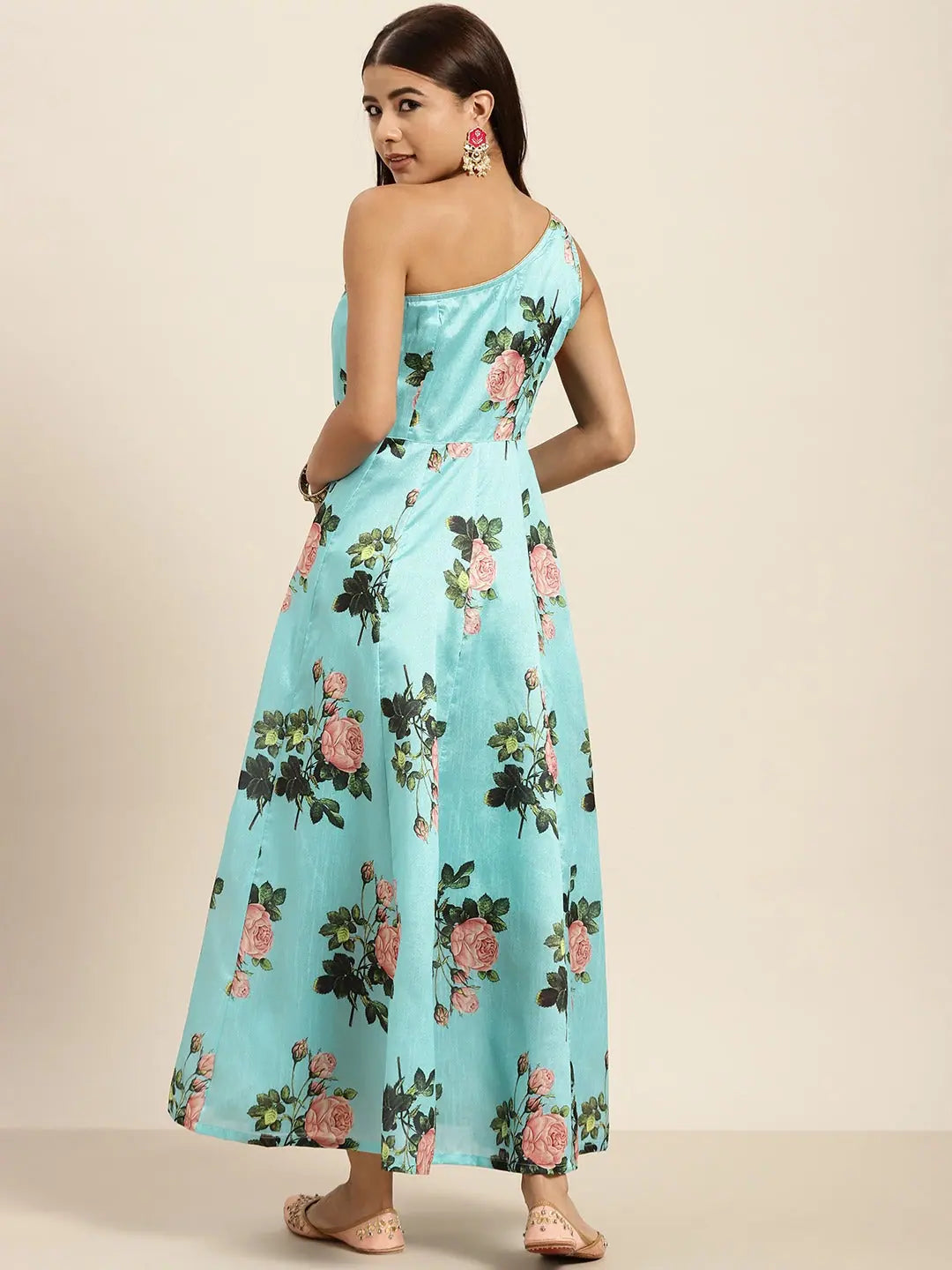 Turquoise Floral One Shoulder Anarkali Maxi | Anarkali Kurti