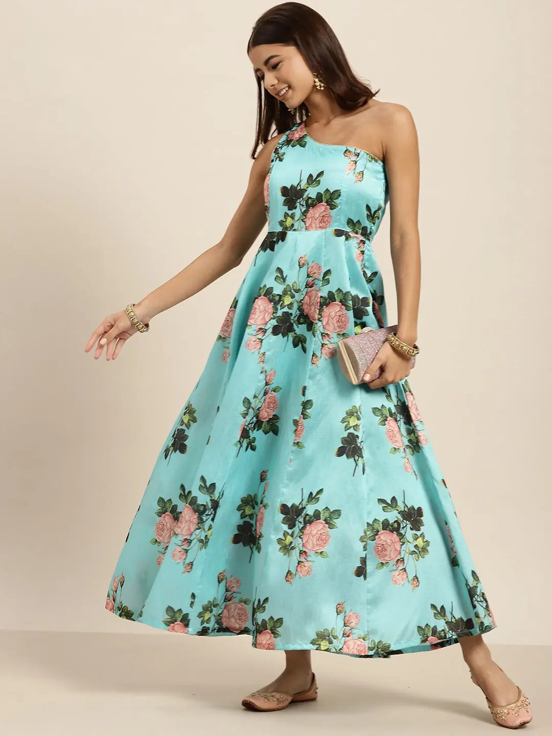 Turquoise Floral One Shoulder Anarkali Maxi | Anarkali Kurti