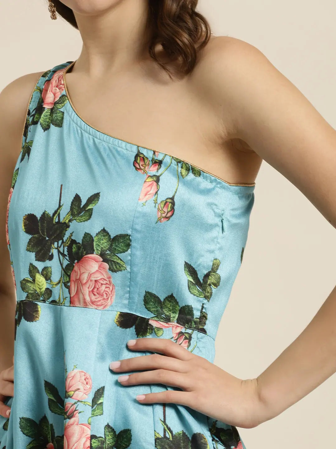 Turquoise Floral One Shoulder Anarkali Maxi | Anarkali Kurti