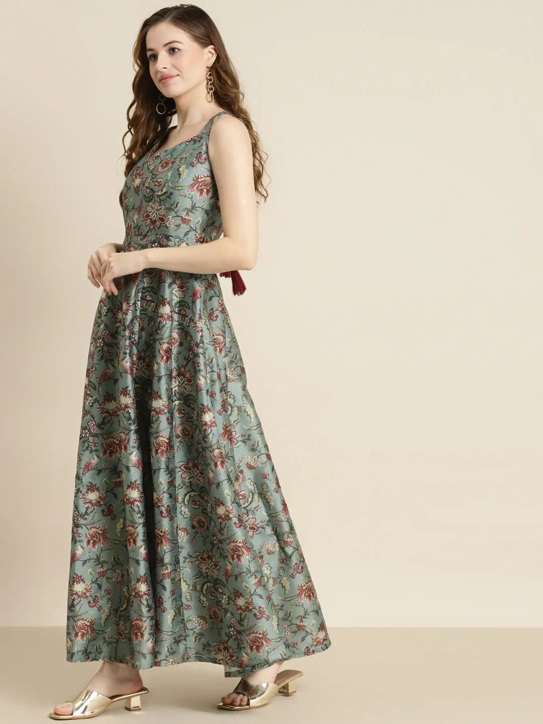 Olive Floral Anarkali Dress | Maxi Length, Fit & Flare Style