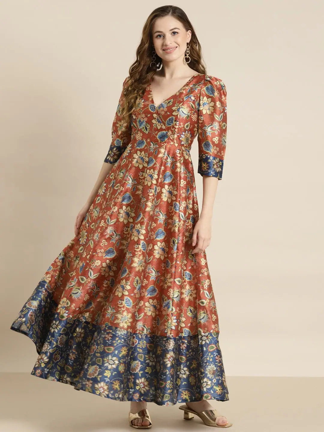 Orange Floral Anarkali Gown | Wrap Style, Maxi Length Dress