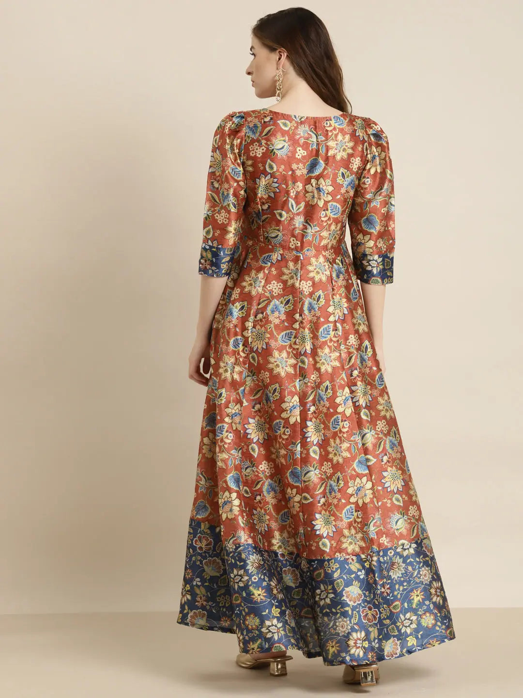 Orange Floral Anarkali Gown | Wrap Style, Maxi Length Dress