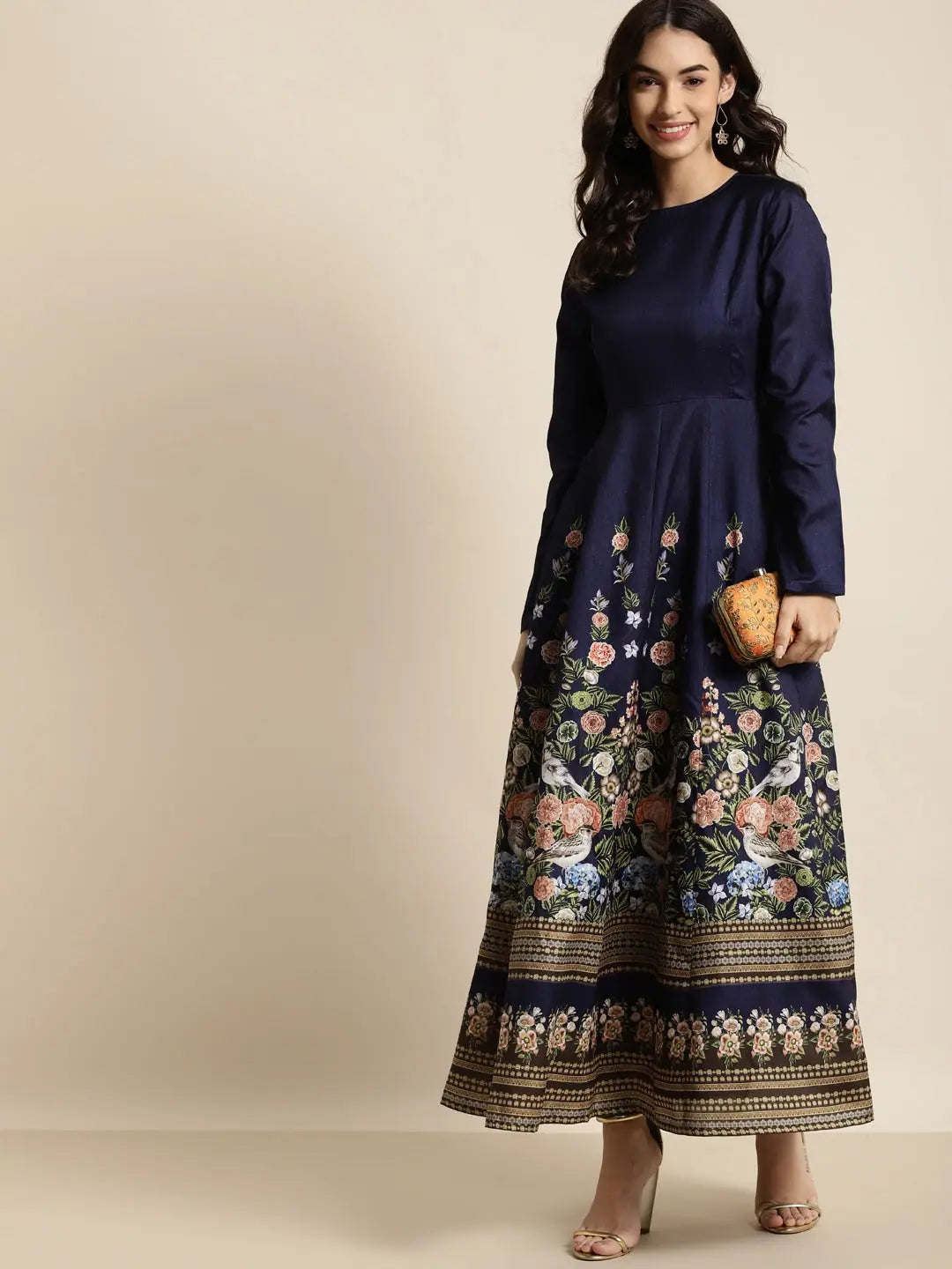 Navy Floral Anarkali Kurta | Maxi Dress with Full Sleeves