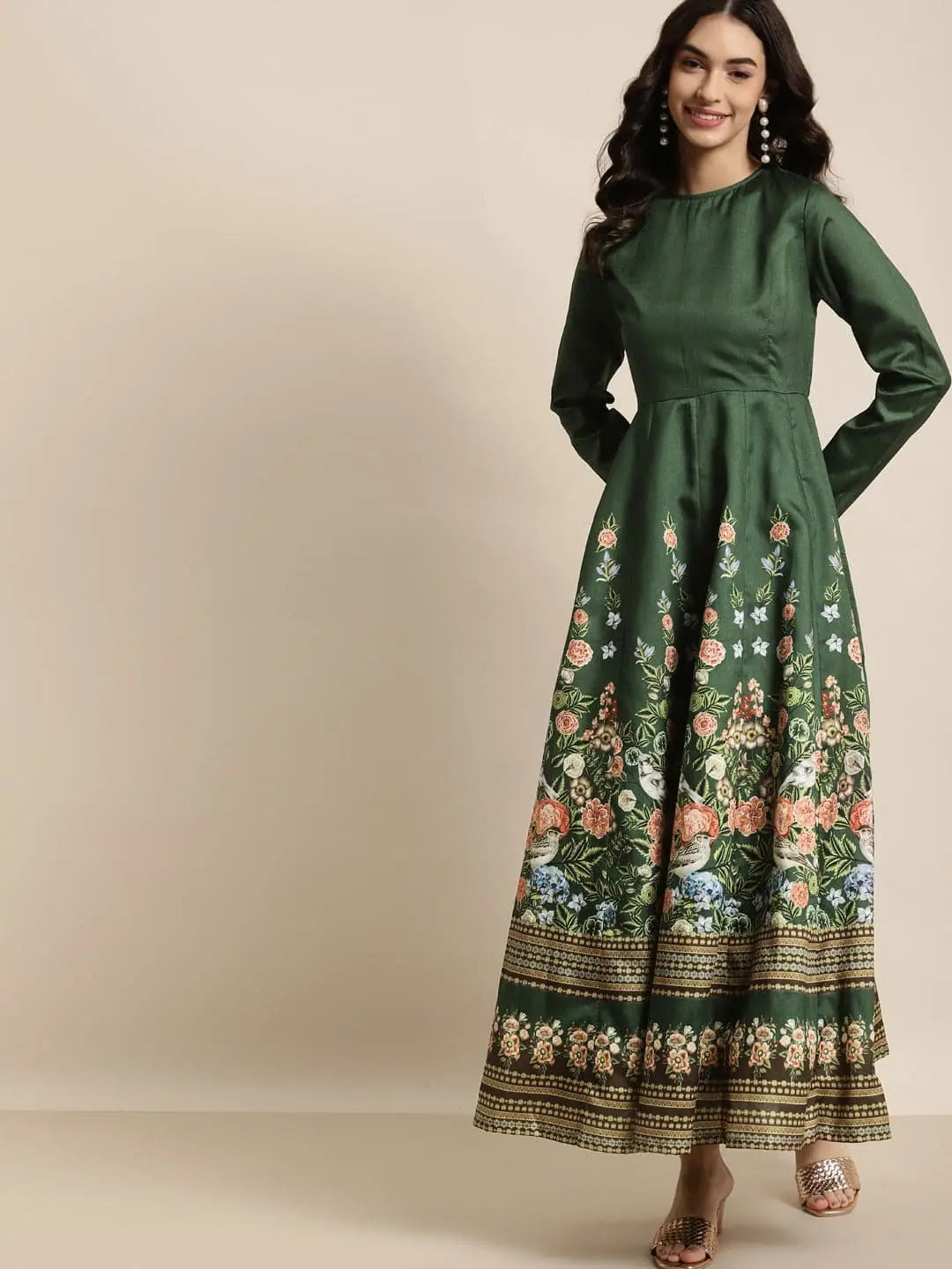 Green Floral Anarkali Kurti | Full Sleeves, Maxi Dress Online