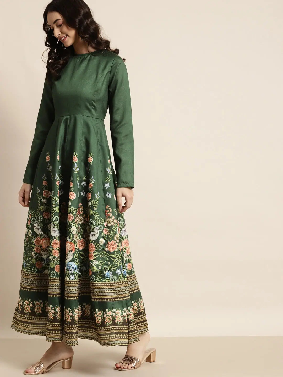 Green Floral Anarkali Kurti | Full Sleeves, Maxi Dress Online