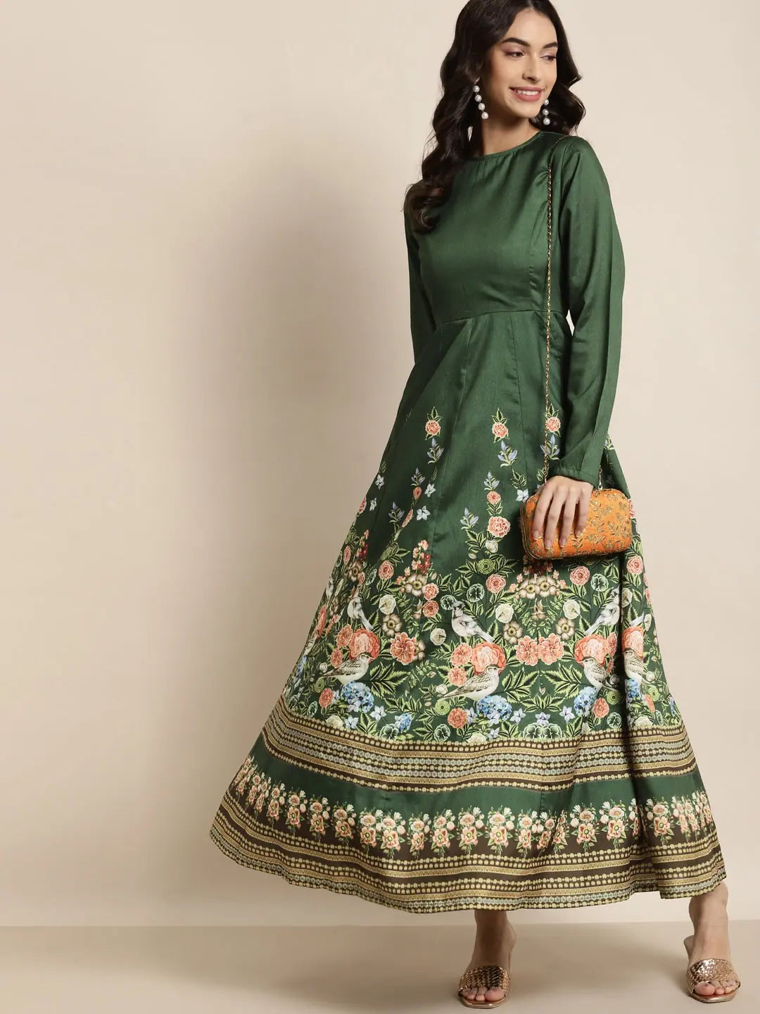 Green Floral Anarkali Kurti | Full Sleeves, Maxi Dress Online
