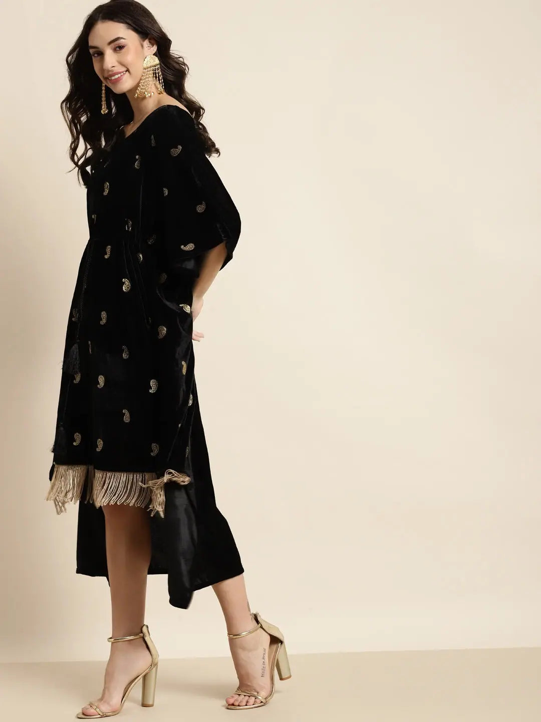 Black Velvet Fringe Kaftan Dress - Stylish Kaftans Online