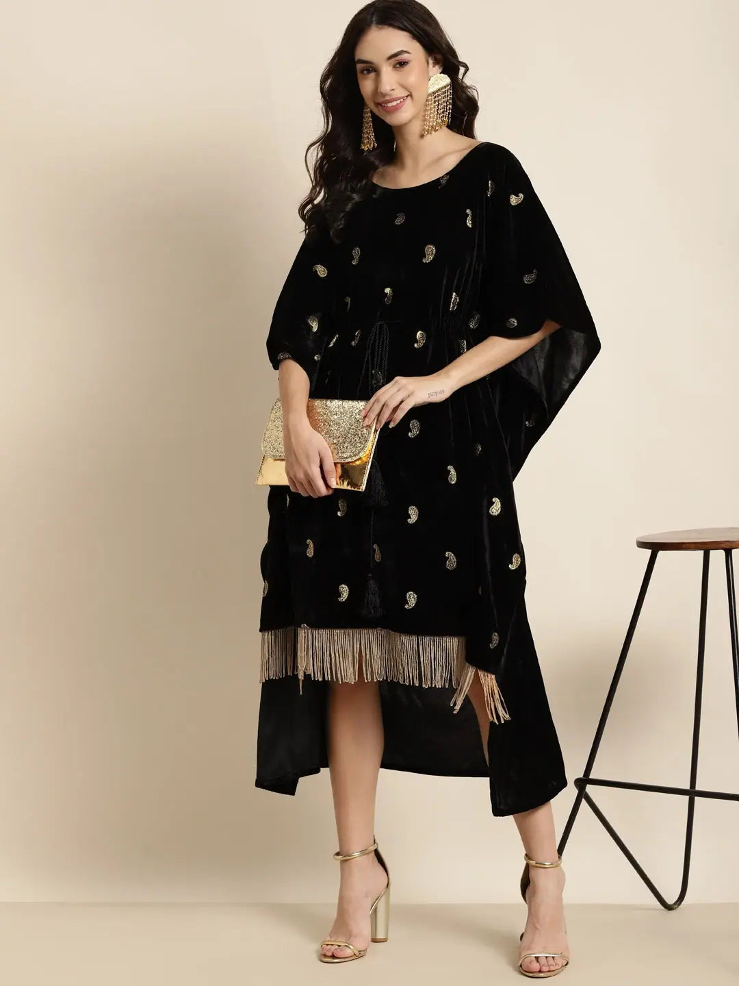 Black Velvet Fringe Kaftan Dress - Stylish Kaftans Online