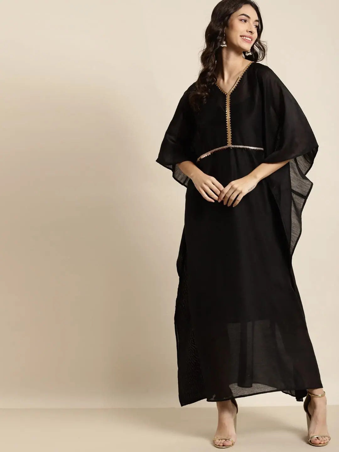 Black Chanderi Lace Kaftan - Stylish Kaftans For Women