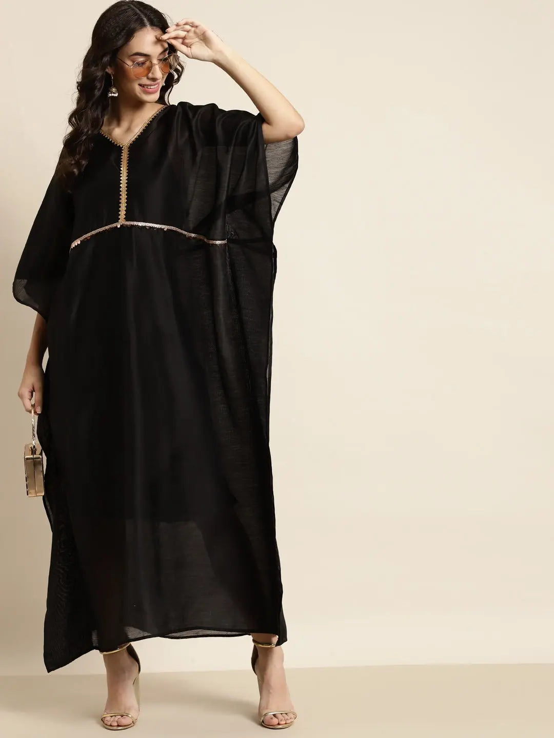Black Chanderi Lace Kaftan - Stylish Kaftans For Women
