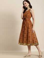 Women Mustard Patola Sleeveless Anarkali Dress
