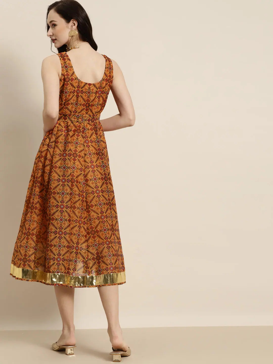 Mustard Patola Anarkali Dress - Sleeveless Anarkali Kurti