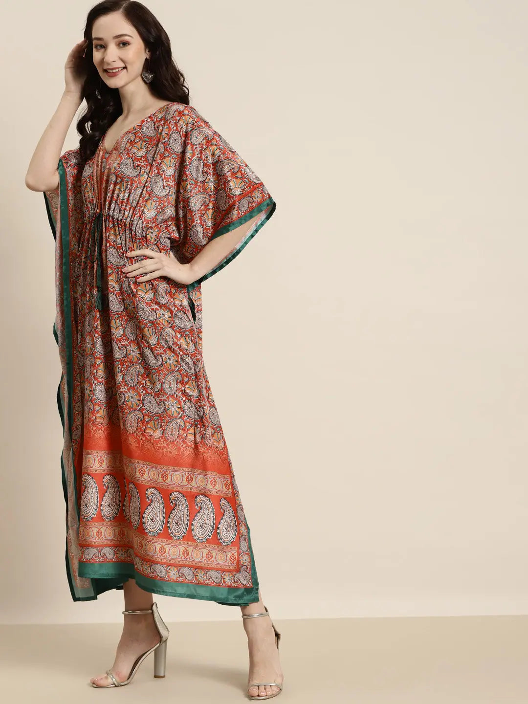 Orange & Green Paisely Women's Kaftan Dresses
