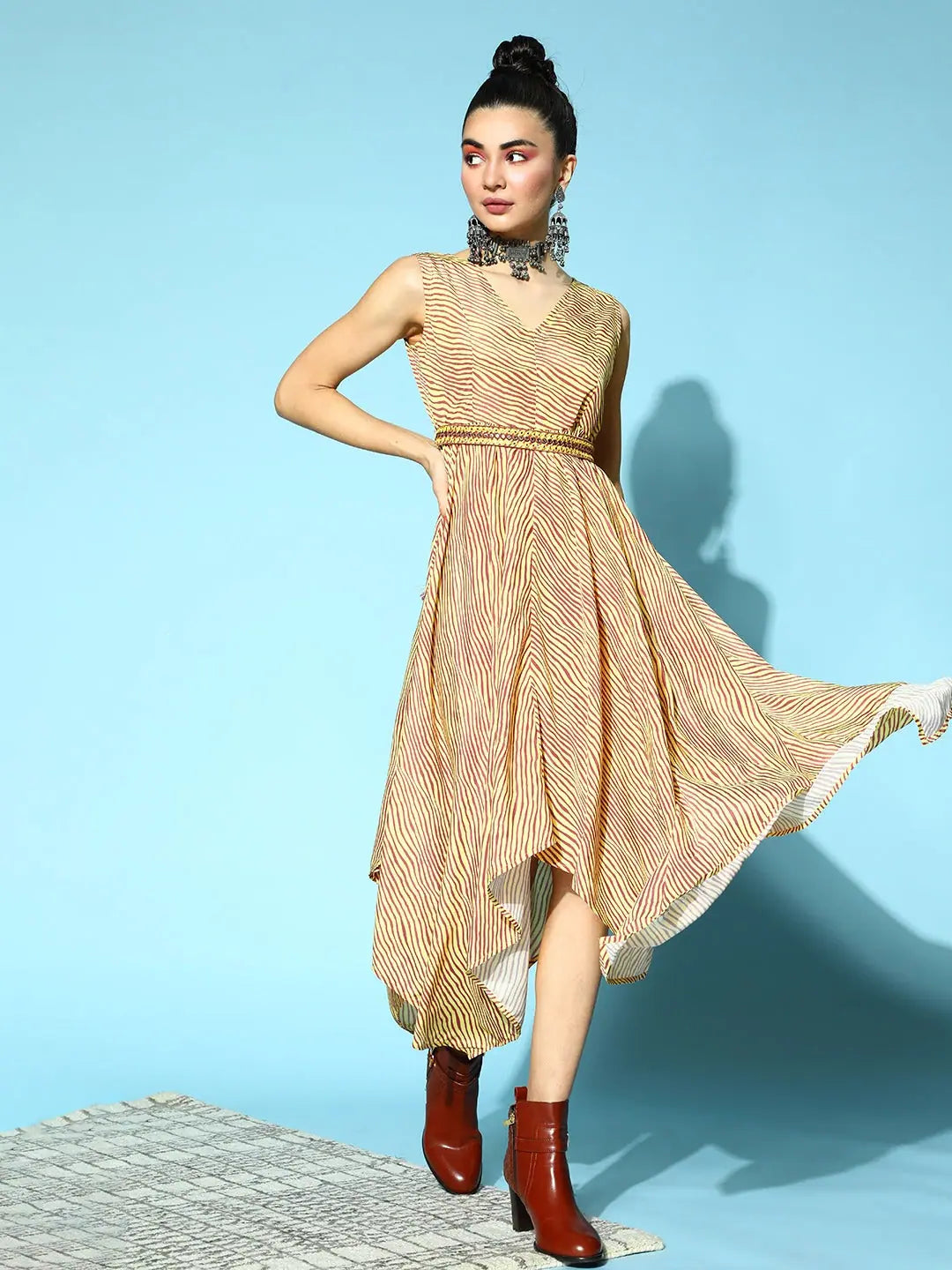 Mustard Lehariya Asymmetrical Dress | Indian Dresses Online