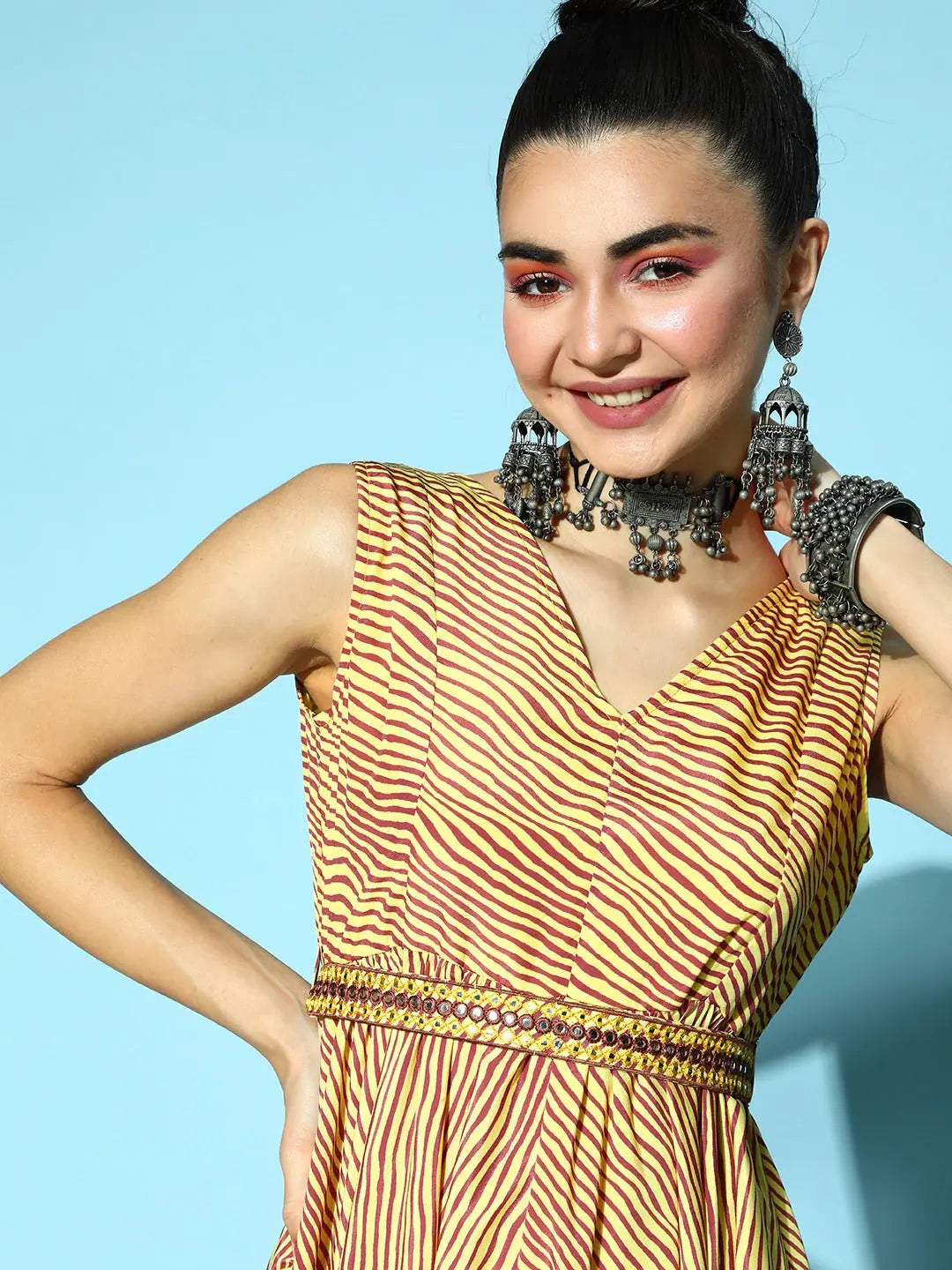 Mustard Lehariya Asymmetrical Dress | Indian Dresses Online