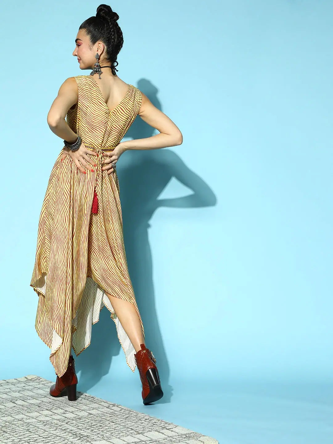 Mustard Lehariya Asymmetrical Dress | Indian Dresses Online