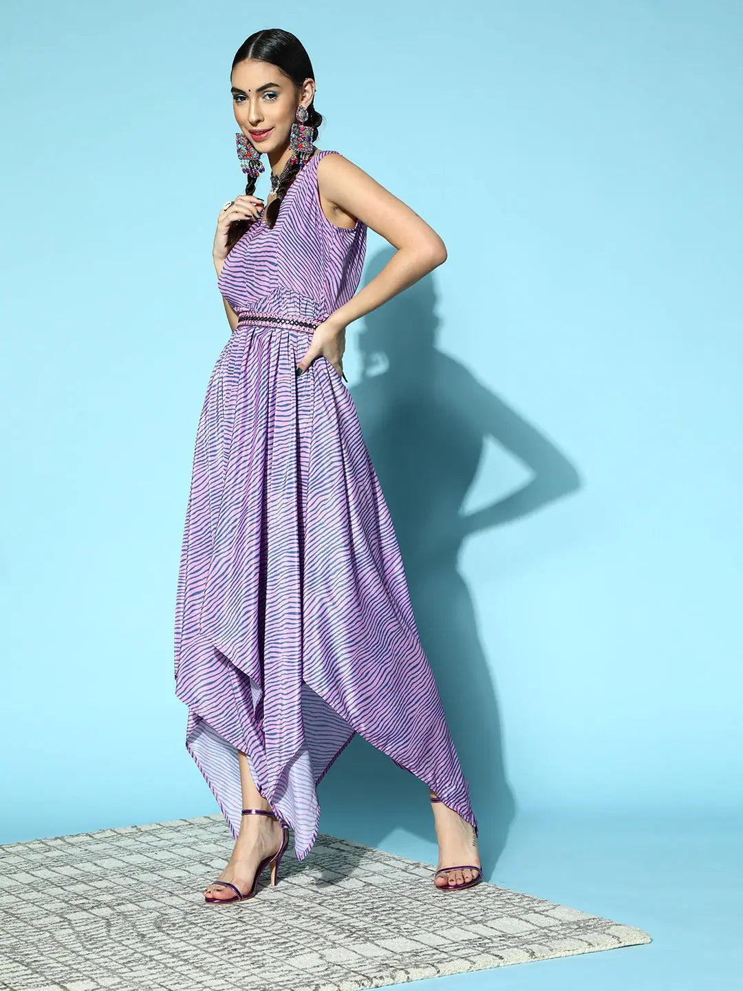 Purple Lehariya Asymmetrical Dress | Indian Cotton Dresses