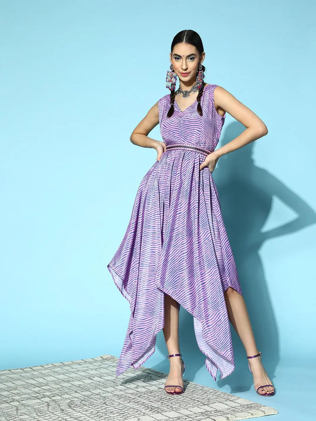 Purple Lehariya Asymmetrical Dress | Indian Cotton Dresses