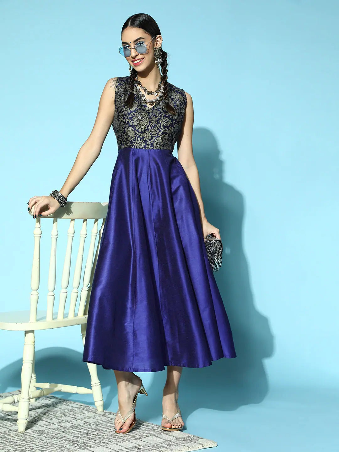 Navy Brocade Anarkali Maxi - Sleeveless Anarkali Suit Set