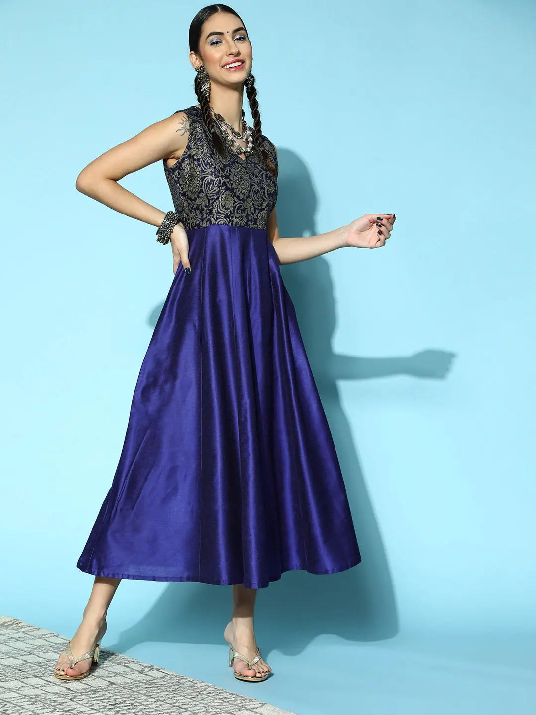 Navy Brocade Anarkali Maxi - Sleeveless Anarkali Suit Set