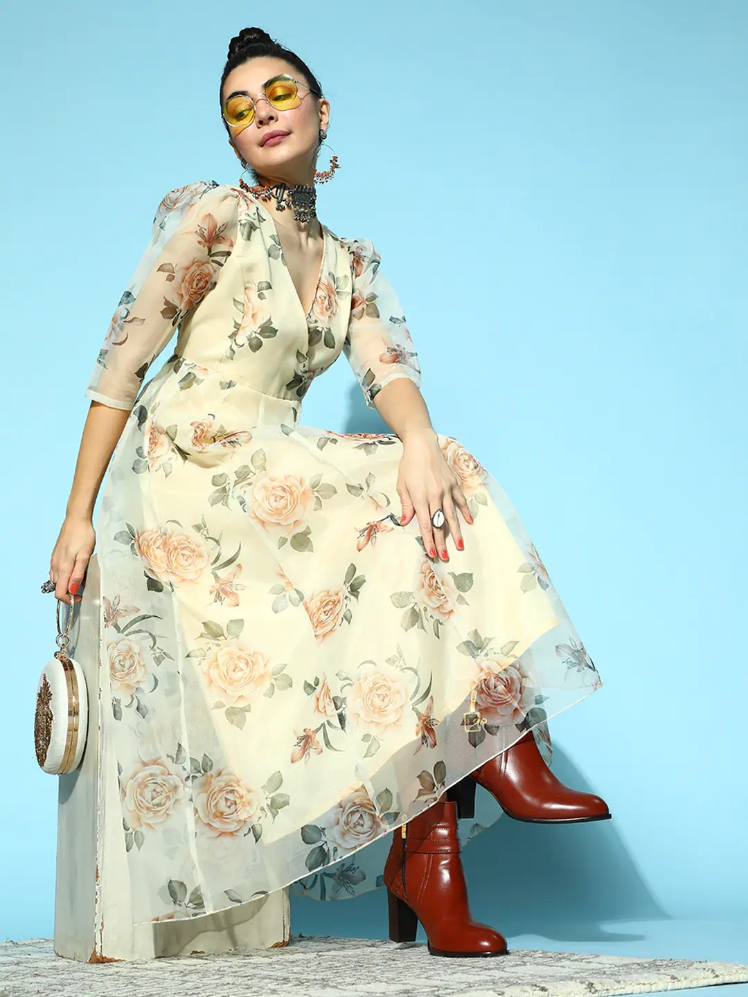 Beige Floral Wrap Anarkali Gown | Stylish Maxi Dress