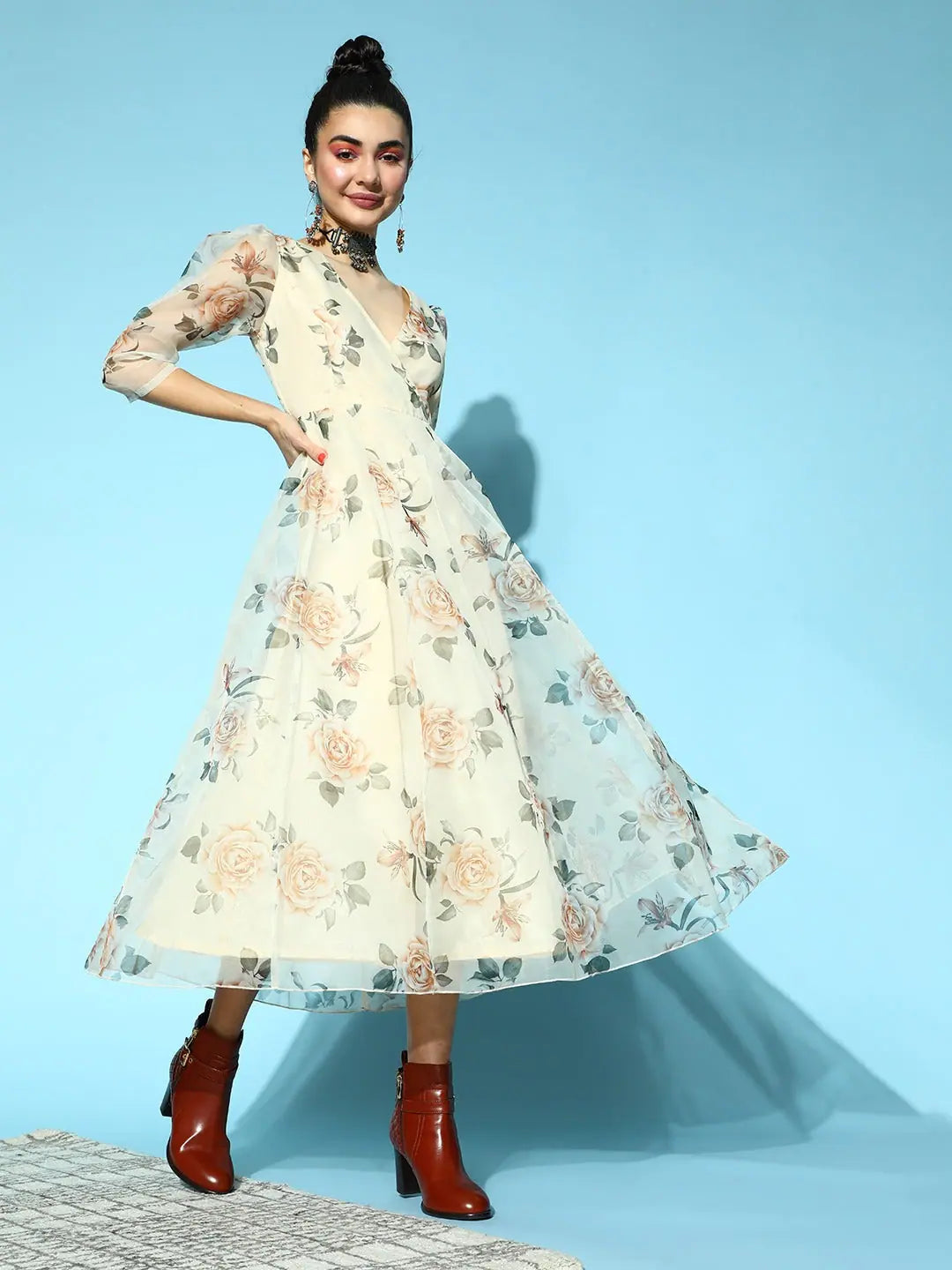 Beige Floral Wrap Anarkali Gown | Stylish Maxi Dress