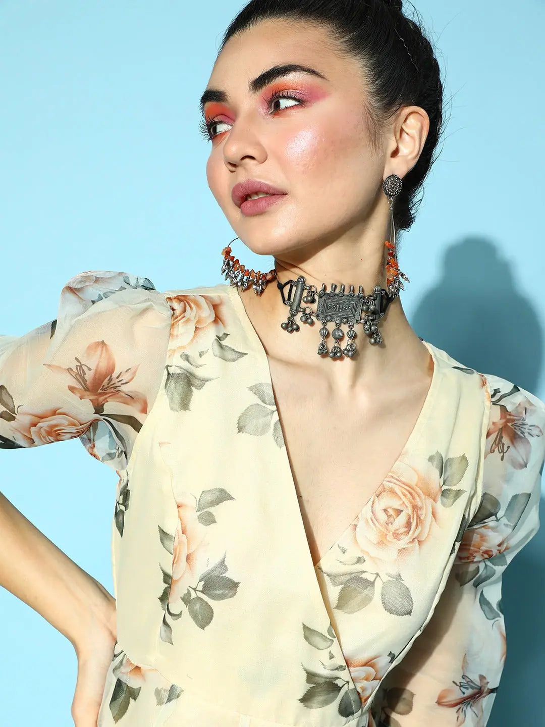 Beige Floral Wrap Anarkali Gown | Stylish Maxi Dress