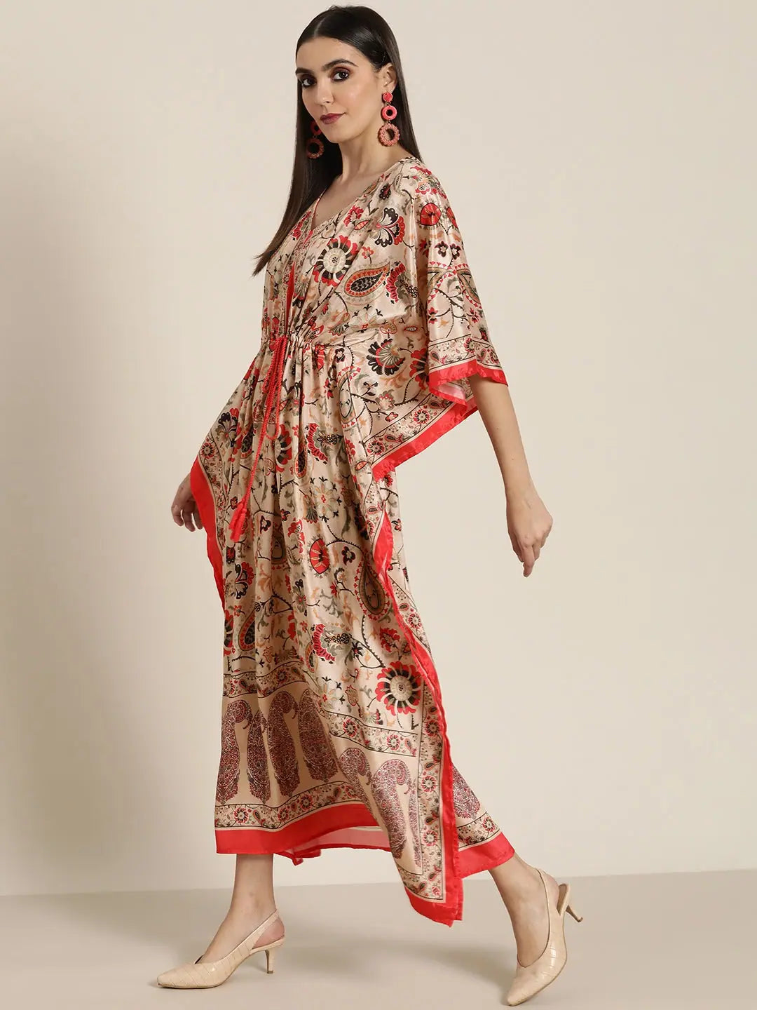 Beige & Red Floral Kaftan Dress | Stylish Kaftans for Women