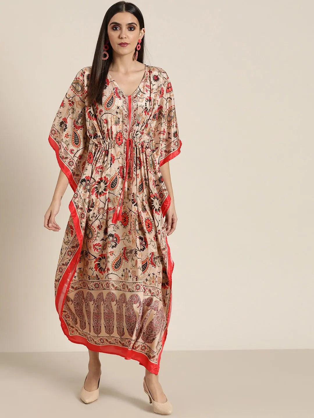 Beige & Red Floral Kaftan Dress | Stylish Kaftans for Women