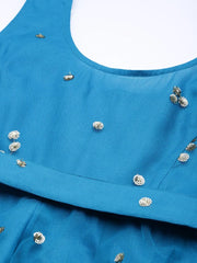 Women Teal Tulle Sequins Sleeveless Anarkali Maxi