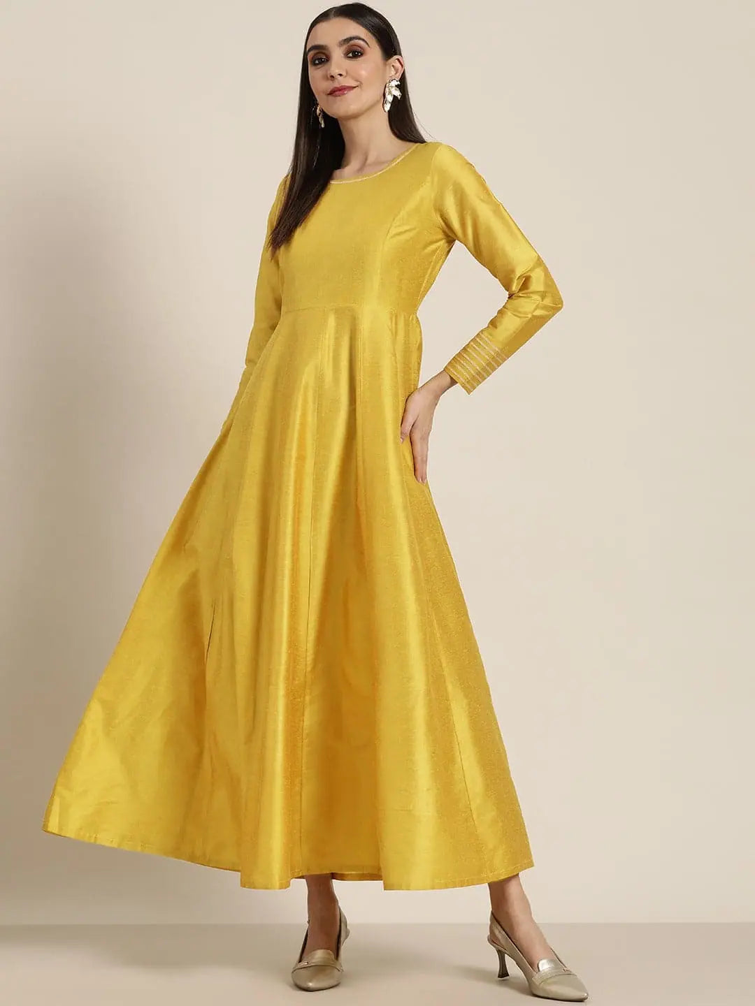 Mustard Gota Anarkali Dress | Maxi Length Cotton Silk Anarkali...