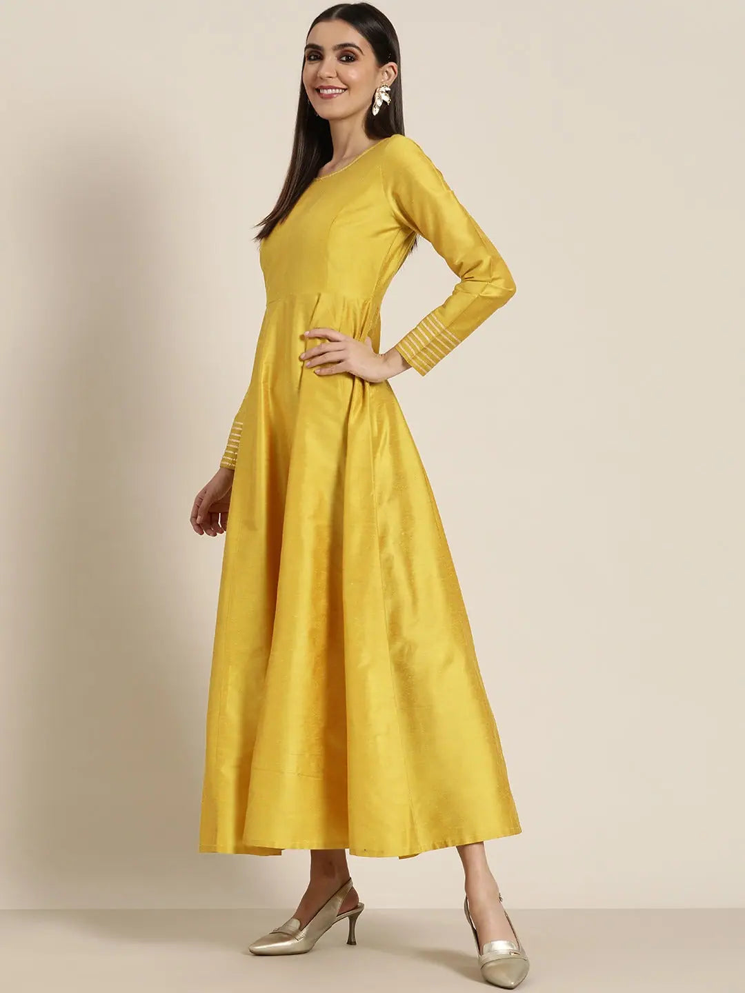 Mustard Gota Anarkali Dress | Maxi Length Cotton Silk Anarkali...