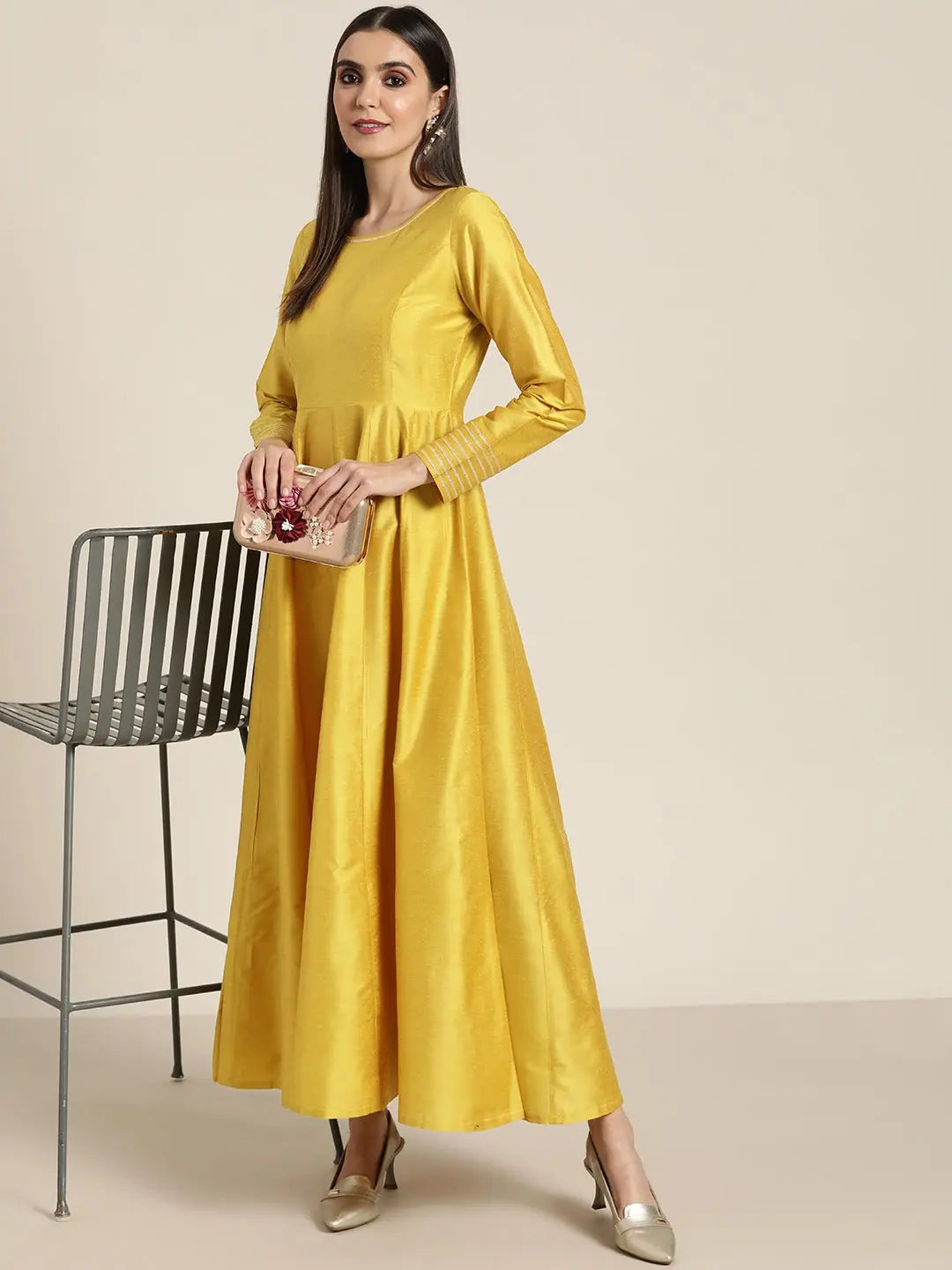 Mustard Gota Anarkali Dress | Maxi Length Cotton Silk Anarkali...