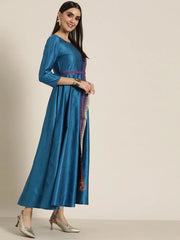 Women Blue Anarkali Maxi With Purple Striped Dupatta