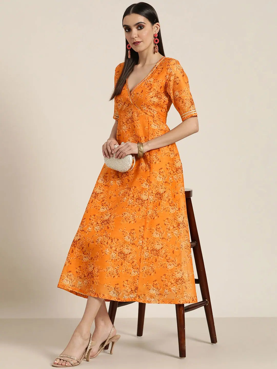 Floral Anarkali Dress - Mustard V Neck Anarkali Kurti for Women