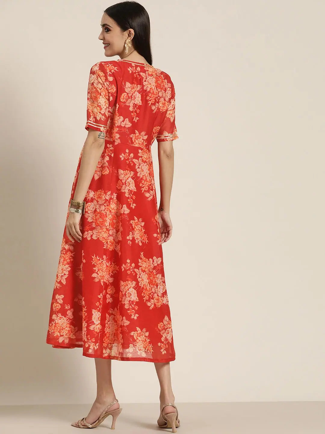 Red Floral V Neck Anarkali Dress | Women's Anarkali Kurti