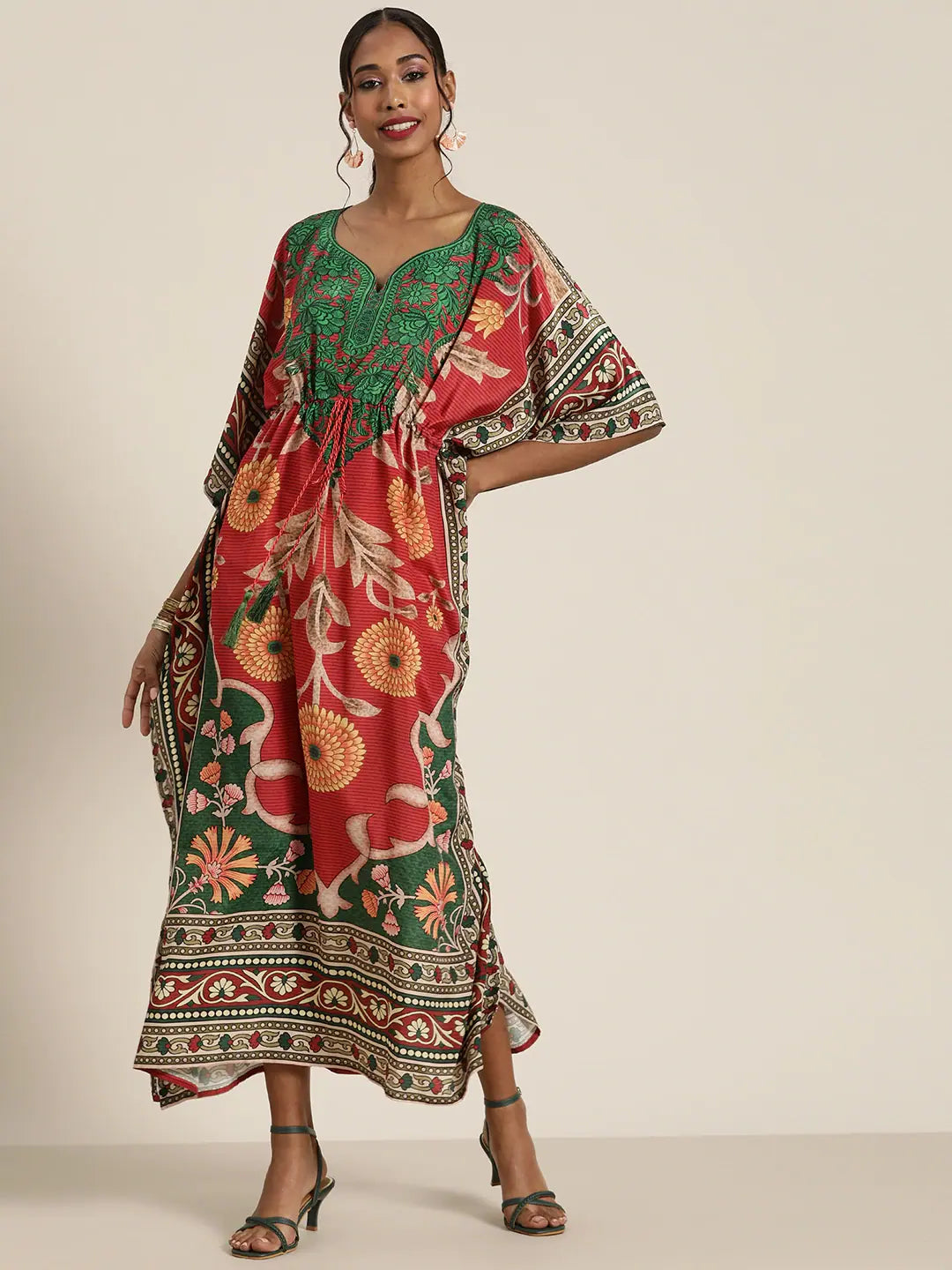 Red & Green Floral Kaftan Dress | Women's Printed Kaftans