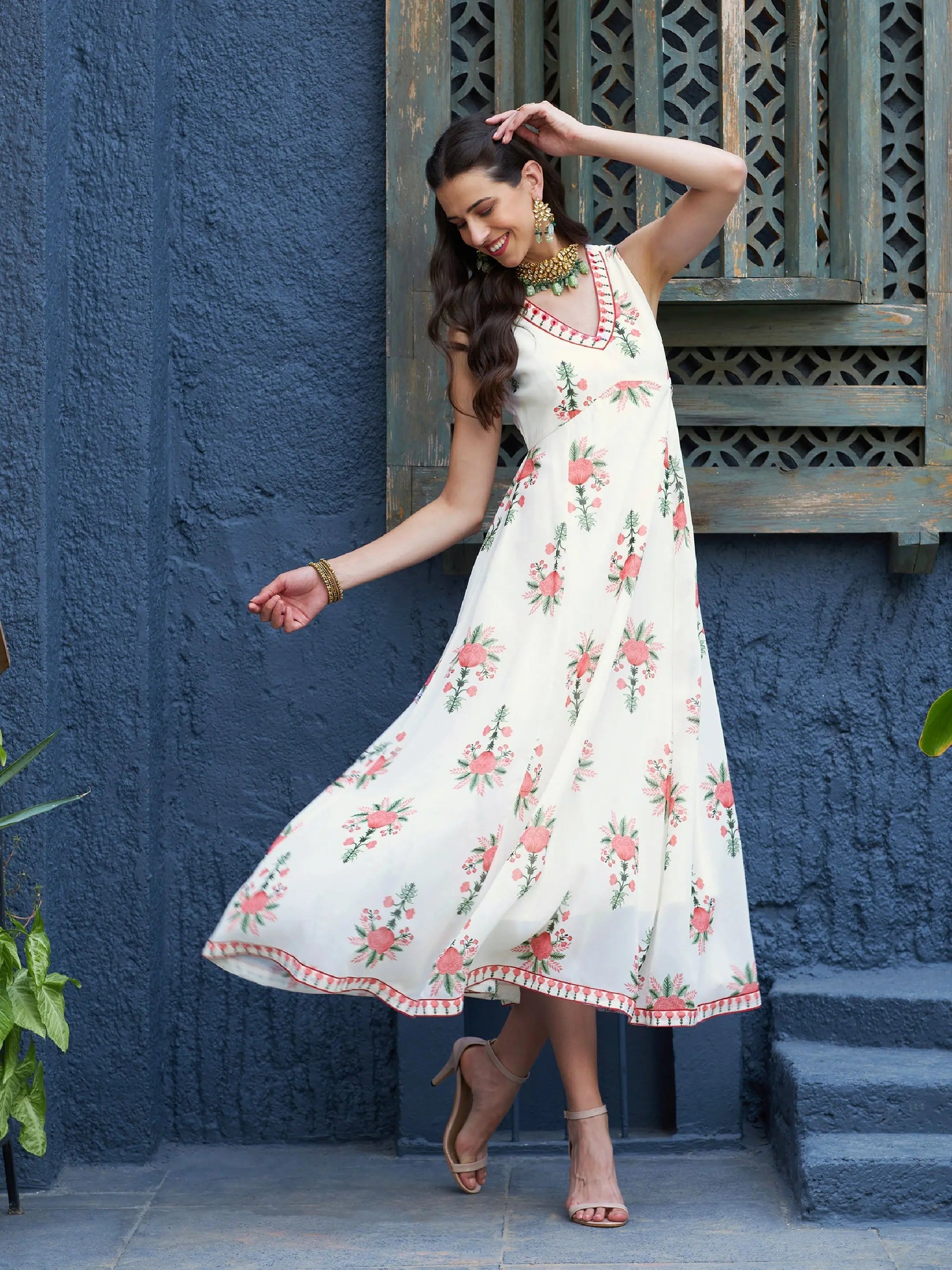 Off White Floral Maxi Dress - Wedding Lehenga Alternative
