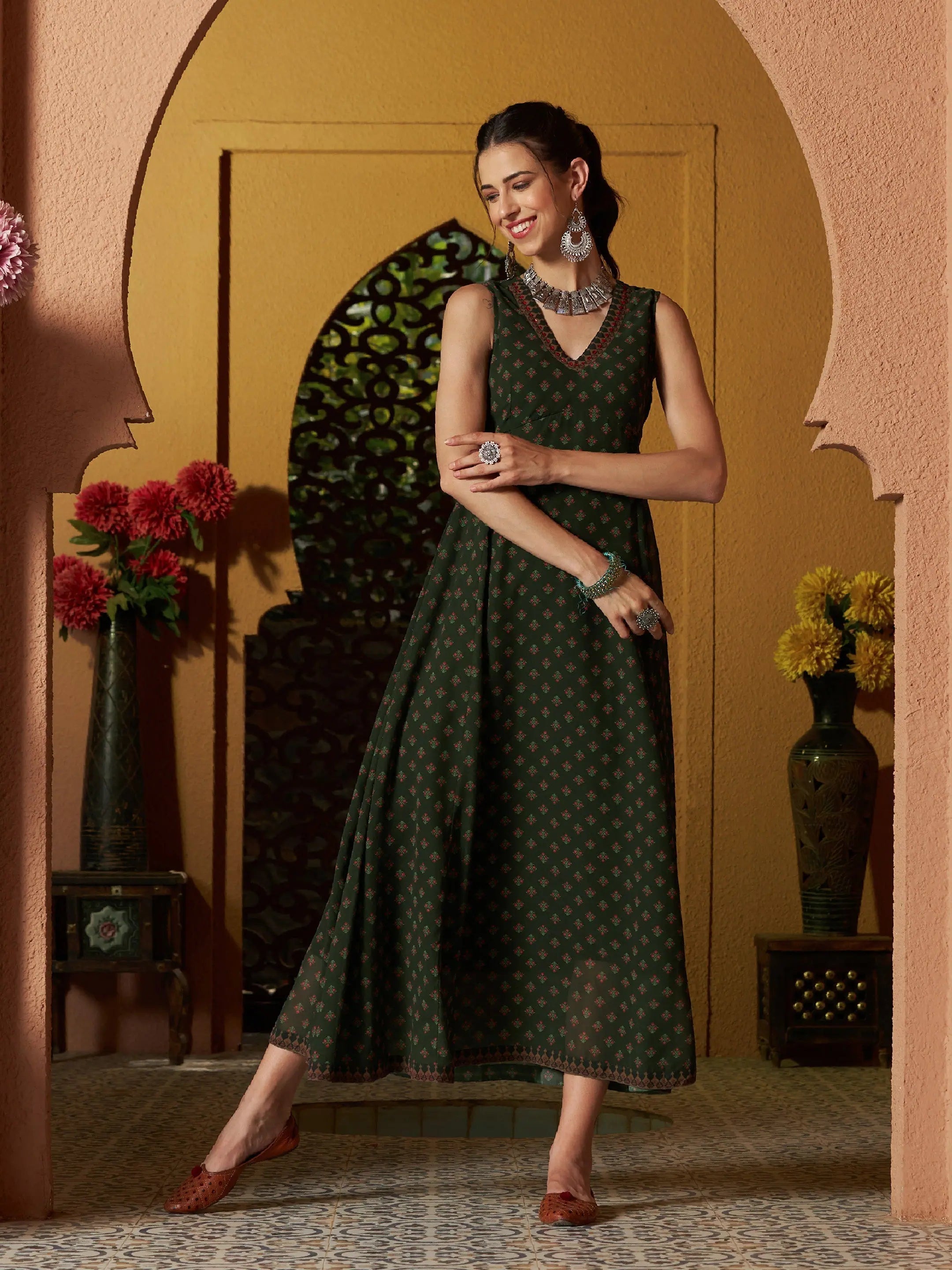 Green Floral Maxi Dress - Party Wear Lehenga Style