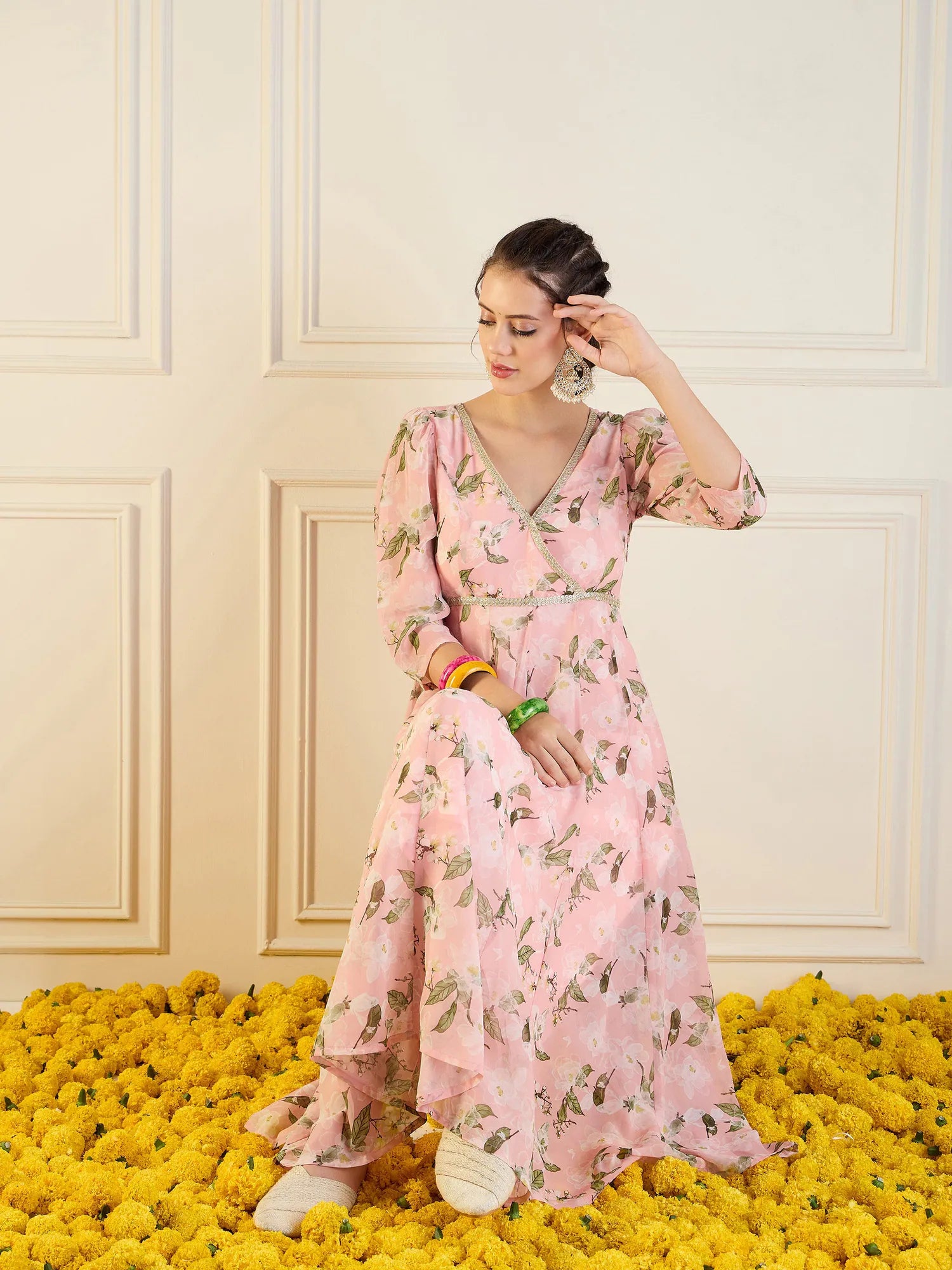 Peach Floral Anarkali Maxi Dress - Indian Dresses Online